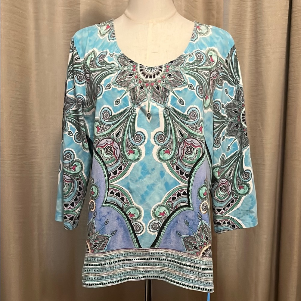 Chicos Multicolor Paisley Mosaic Design Tunic Blouse 3/4 Sleeves Womens Size 2